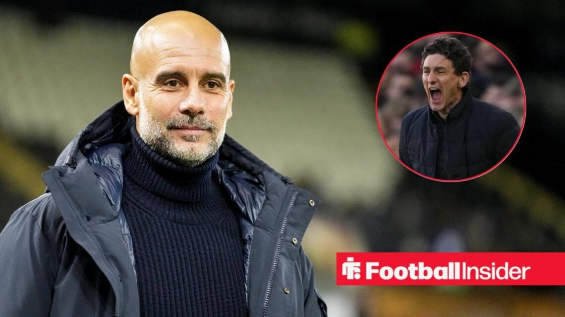Pep Guardiola on the sidelines, Keith Andrews in a circular inset