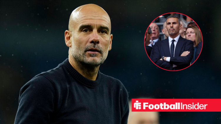 Pep Guardiola looking concerned with Khaldoon Al Mubarak included in a circular inset