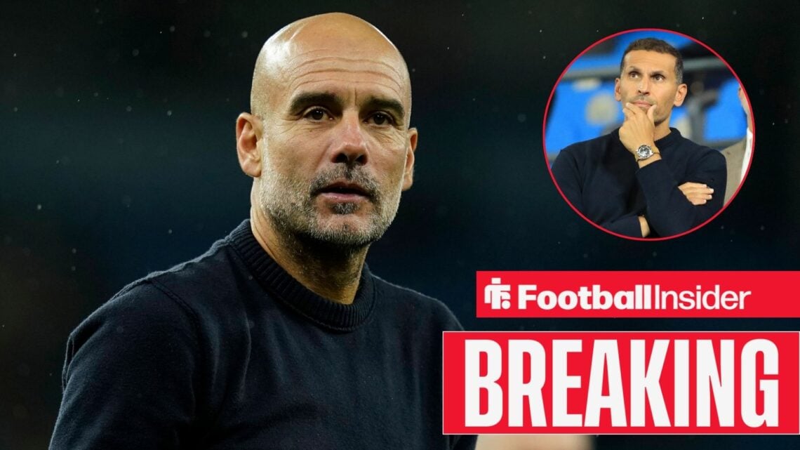 Pep Guardiola looking concerned with Khaldoon Al Mubarak included in a circular inset