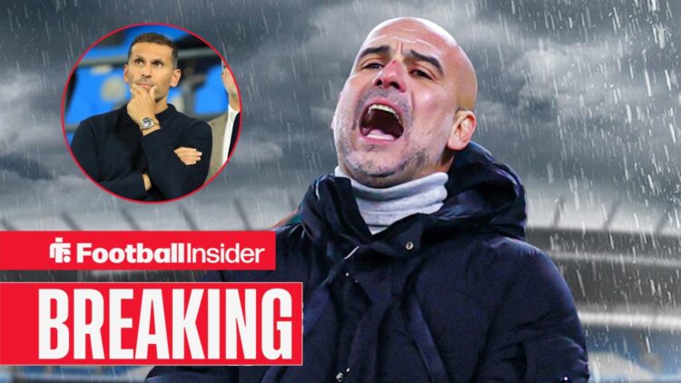 Pep Guardiola looking upset with Khaldoon Al Mubarak included in a circular inset