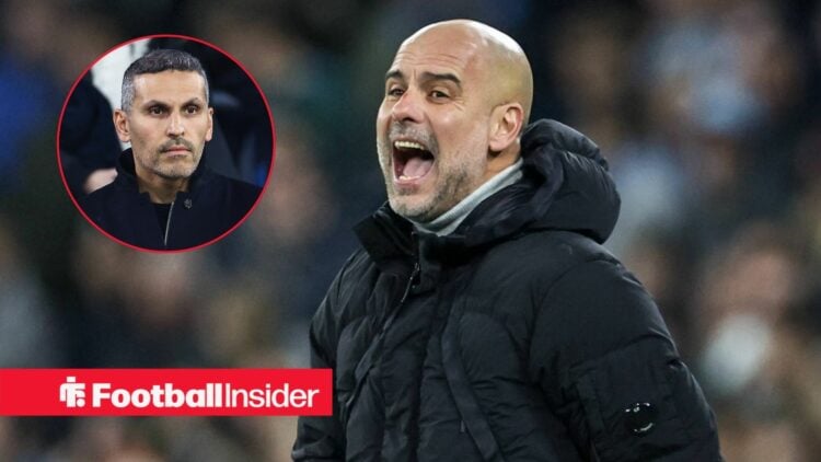 Pep Guardiola shouting with Khaldoon Al Mubarak included in a circular inset
