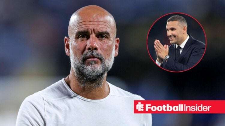 Pep Guardiola looking sad with Khaldoon Al Mubarak included in a circular inset