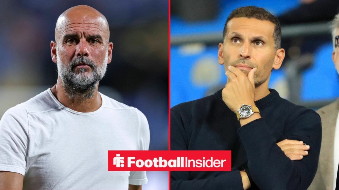 Pep Guardiola in a white t-shirt alongside Khaldoon Al Mubarak with his hand on his chin