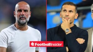 Pep Guardiola in a white t-shirt alongside Khaldoon Al Mubarak with his hand on his chin