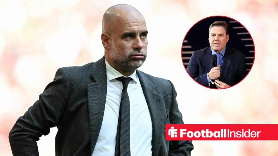 Pep Guardiola looking concerned with Richard Masters included in a circular inset