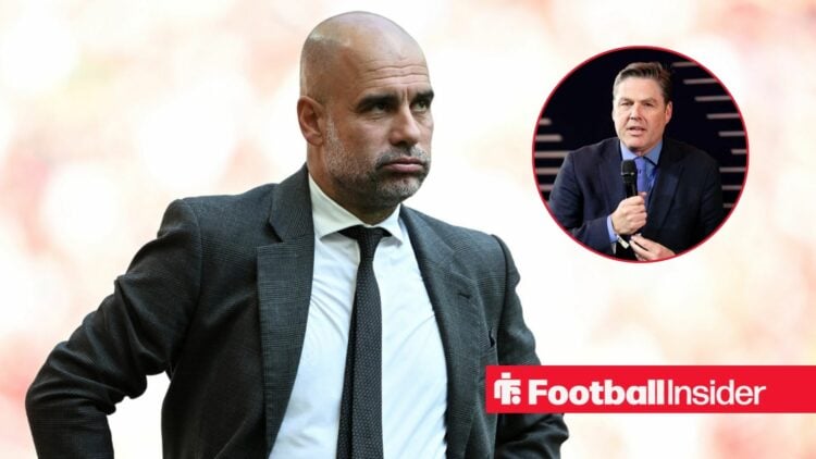 Pep Guardiola looking concerned with Richard Masters included in a circular inset