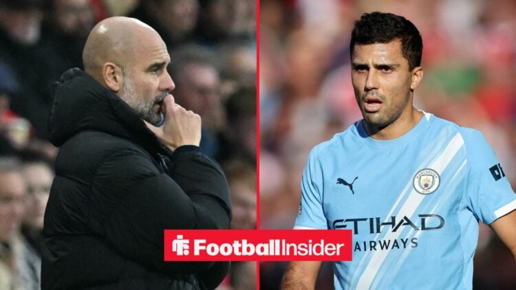 Pep Guardiola on the sidelines at Man City, with Rodri in action