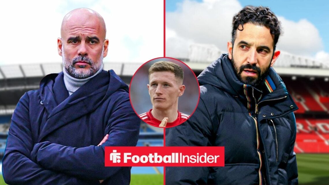 Pep Guardiola and Ruben Amorim looking stern at The Etihad and Old Trafford respectively, with Elliot Anderson in a circular inset