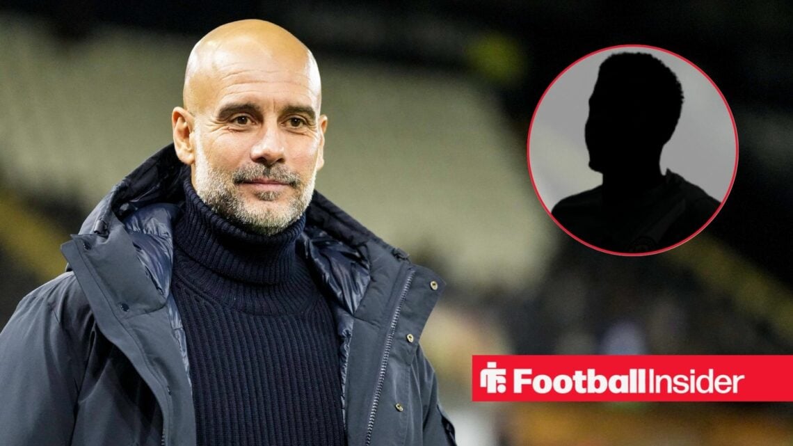 Pep Guardiola smiling, Savinho's silhouette in a circular inset