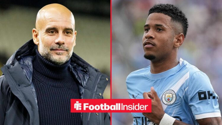 Pep Guardiola smiling alongside Savinho in a Man City shirt