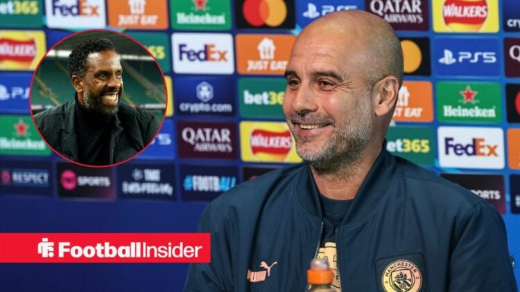 Pep Guardiola during a press conference for Man City, with Wilfried Nancy in a circular inset