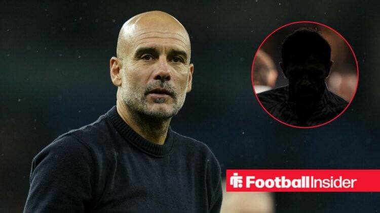 Pep Guardiola looking spooked on the left for Man City with Bernardo Silva's silhouette on the right