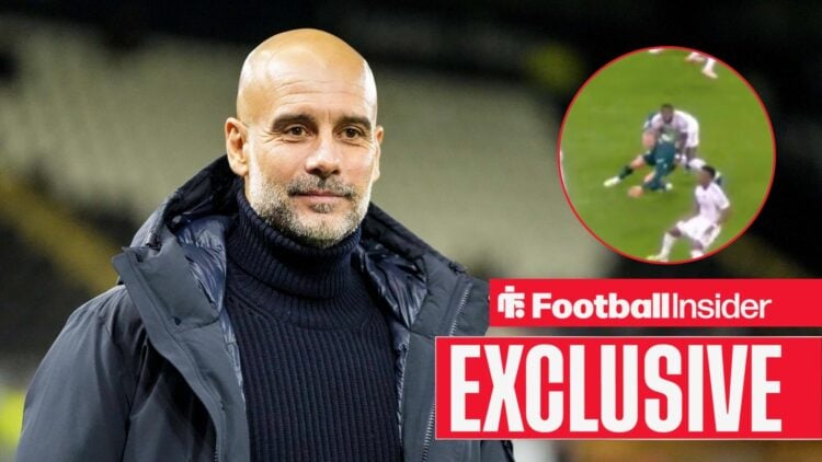 Pep Guardiola smiling on the left for Man City with Erling Haaland being knocked over by Antonio Rudiger on the right