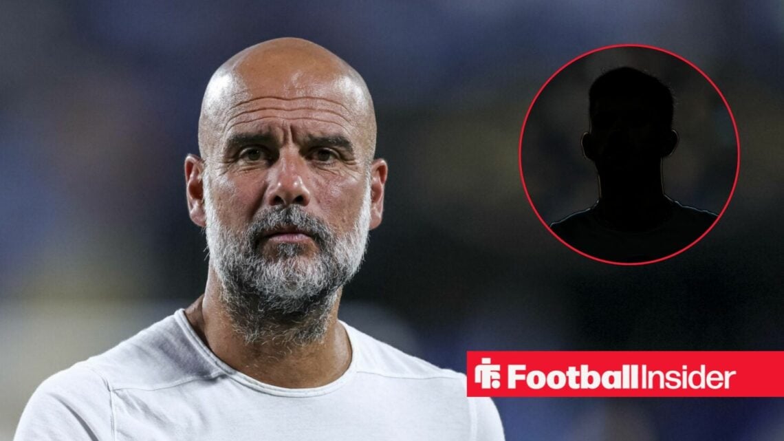 Pep Guardiola looking serious on the left for Man City with Matheus Nunes' silhouette on the right