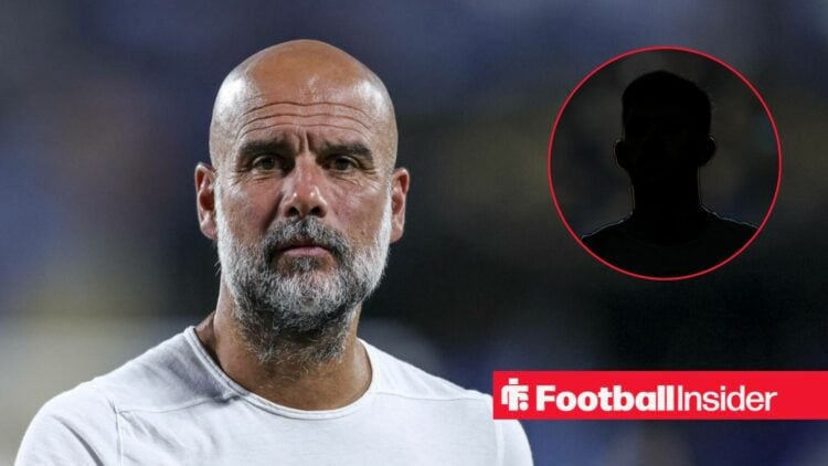 Pep Guardiola looking serious on the left for Man City with Matheus Nunes' silhouette on the right