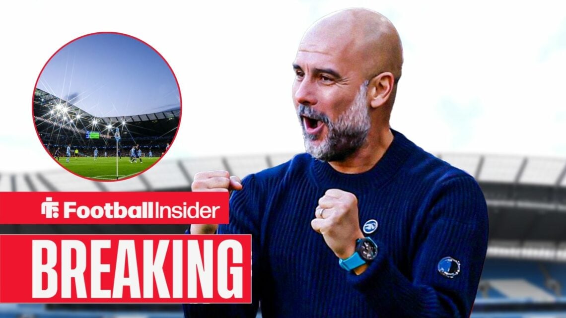 Breaking news as Manchester City manager Pep Guardiola celebrates, while the Etihad Stadium features in a circular inset.