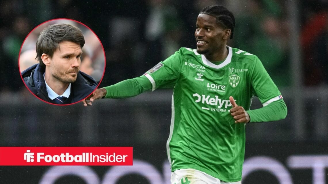 Pierre Ekwah in action during a game for Saint-Etienne as Rangers manager Danny Rohl watches from a circular inset.
