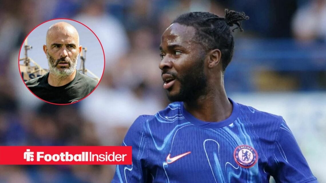 Raheem Sterling in action for Chelsea, with Enzo Maresca in a circular inset