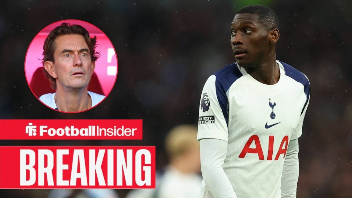 Randal Kolo Muani playing for Tottenham, Thomas Frank in a circular inset