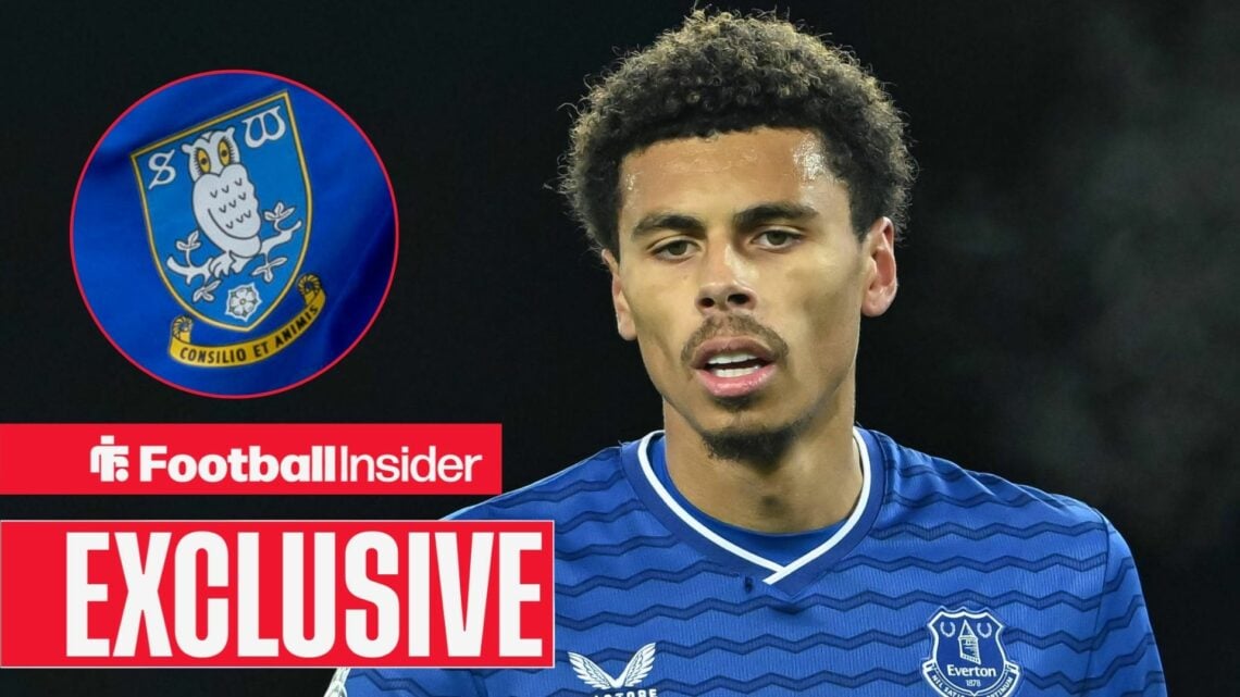 Football Insider exclusive as Reece Welch is in action during a game for Everton, while the Sheffield Wednesday badge features in a circular inset.