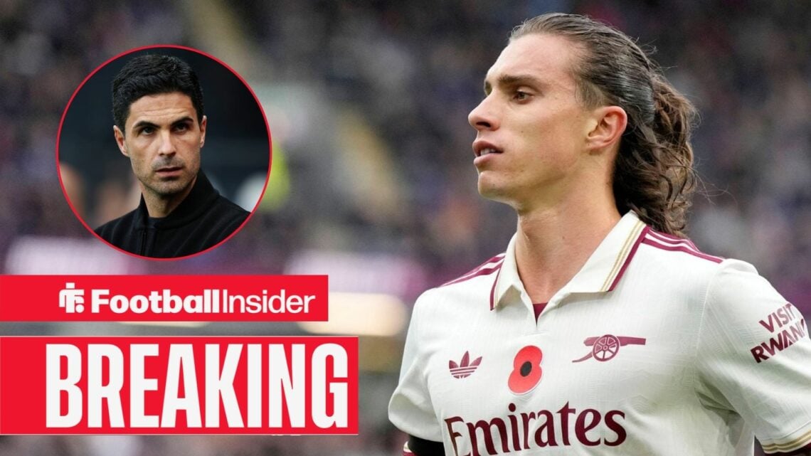 Riccardo Calafiori playing for Arsenal, Mikel Arteta in a circular inset