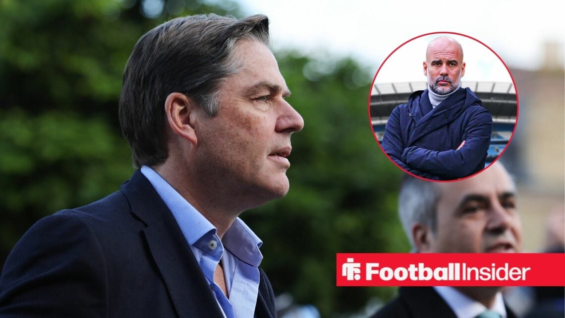 Richard Masters looking concerned with Pep Guardiola in a circular inset