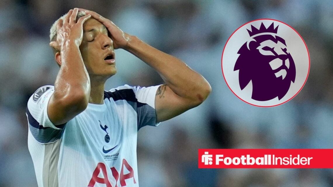 Richarlison with hands on head, Premier League badge in a circular inset