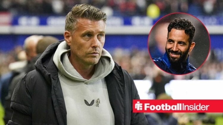 Rob Edwards looking serious for Wolves on the left with a smiling Ruben Amorim on the right