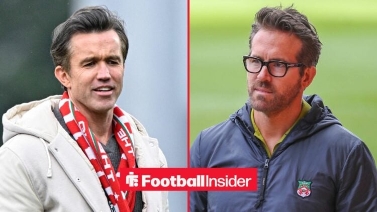 Rob Mac wearing a Wrexham scarf alongside Ryan Reynolds in a Wrexham jacket