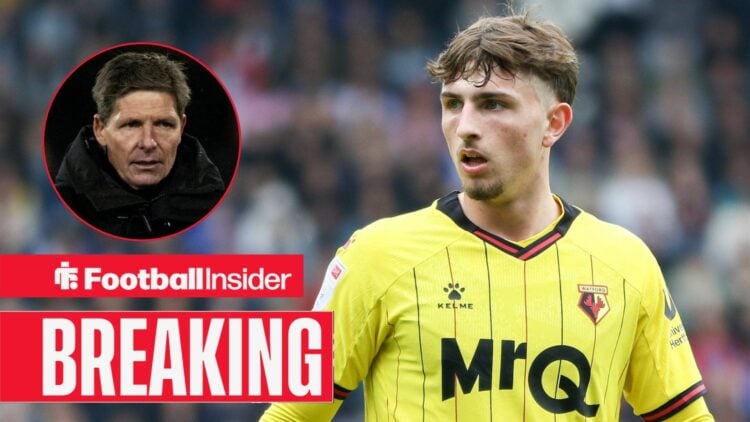 Rocco Vata in action for Watford, with Oliver Glasner in a circular inset