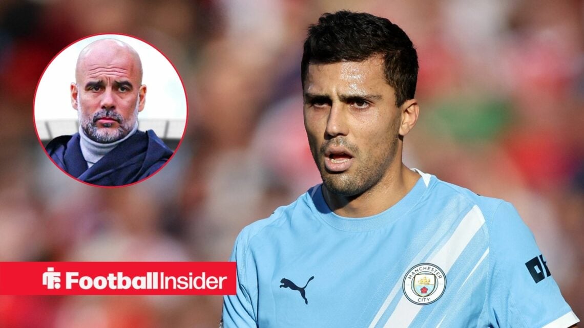 Rodri in action for Man City, with Pep Guardiola in a circular inset