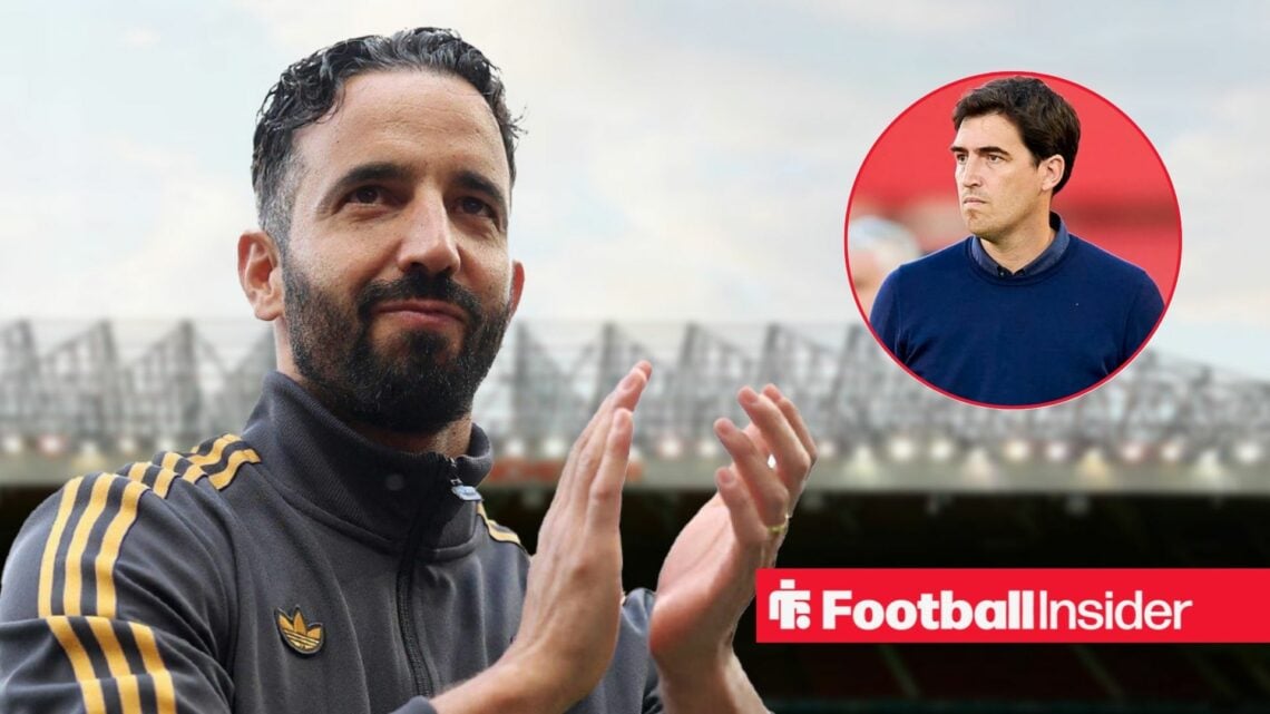 Ruben Amorim clapping at Old Trafford, Andoni Iraola in a circular inset