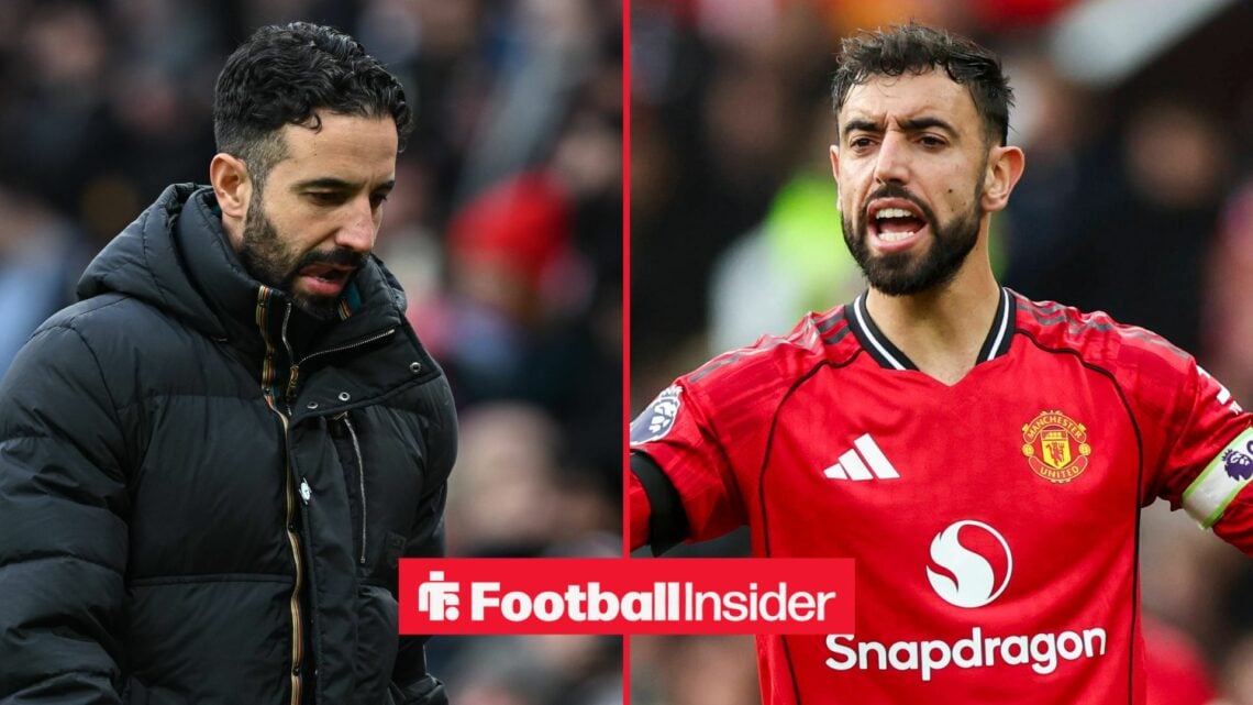Ruben Amorim looking upset alongside Bruno Fernandes in a Man United shirt