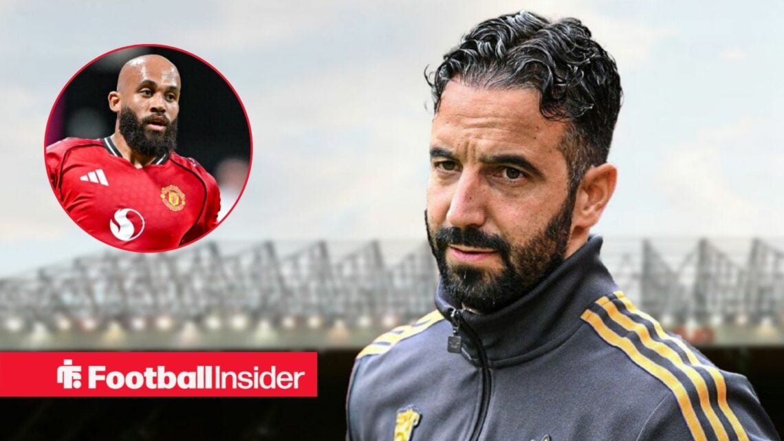 Ruben Amorim frowning at Old Trafford, with Bryan Mbeumo in a circular inset