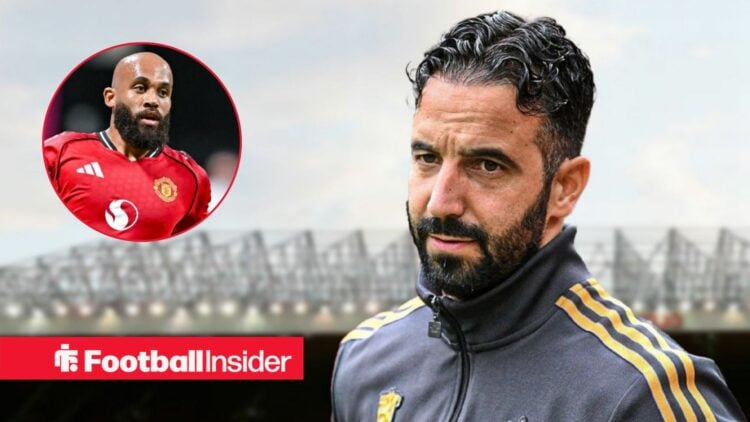 Ruben Amorim frowning at Old Trafford, with Bryan Mbeumo in a circular inset