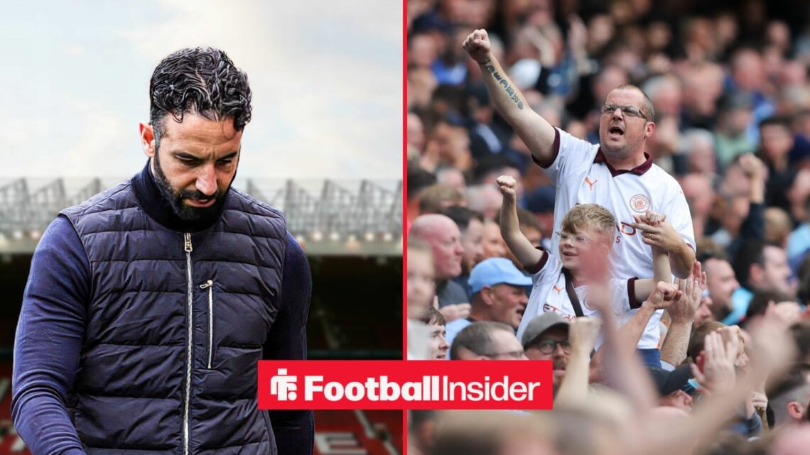 Manchester United manager Ruben Amorim stares at the floor in the left half of a split image, as Manchester City fans celebrate on the right.