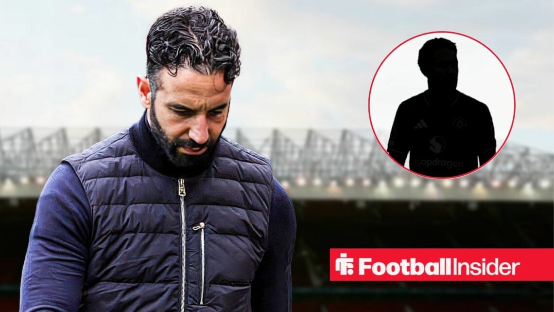 Ruben Amorim disappointed at Old Trafford, Matheus Cunha's silhouette in a circular inset