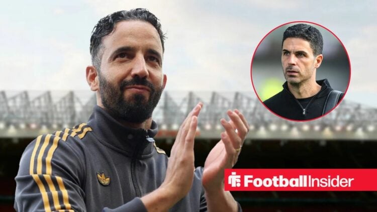 Ruben Amorim applauding at Old Trafford, with Mikel Arteta in a circular inset