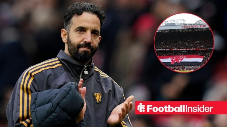 Manchester United manager Ruben Amorim applauds as the Stretford End at Old Trafford features in a circular inset.