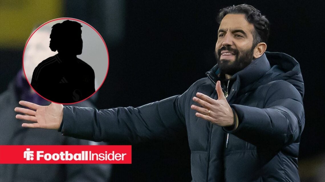 Ruben Amorim shouting, Patrick Dorgu's silhouette in a circular inset