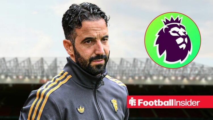 Manchester United manager Ruben Amorim stares towards the Premier League badge, which features in a circular inset.