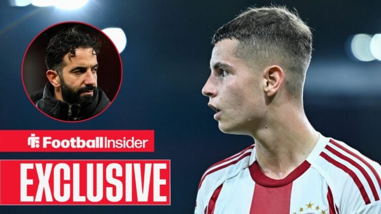 Ruben Amorim looking serious on the left for Man United with Christos Mouzakitis looking focused for Olympiacos