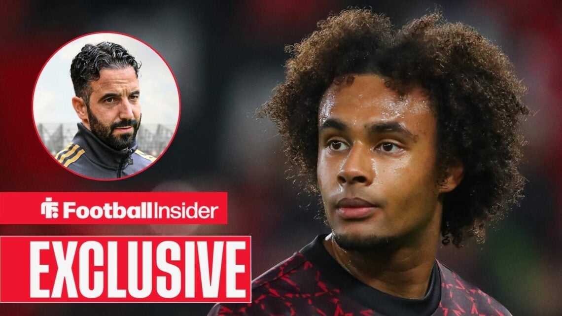 Ruben Amorim looking focused on the left with Joshua Zirkzee serious on the right for Man United