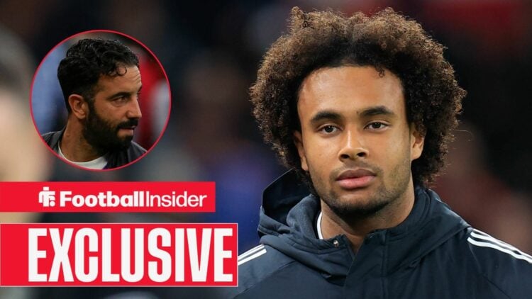 Ruben Amorim looking serious on the left with Joshua Zirkzee looking focused on the right for Man United