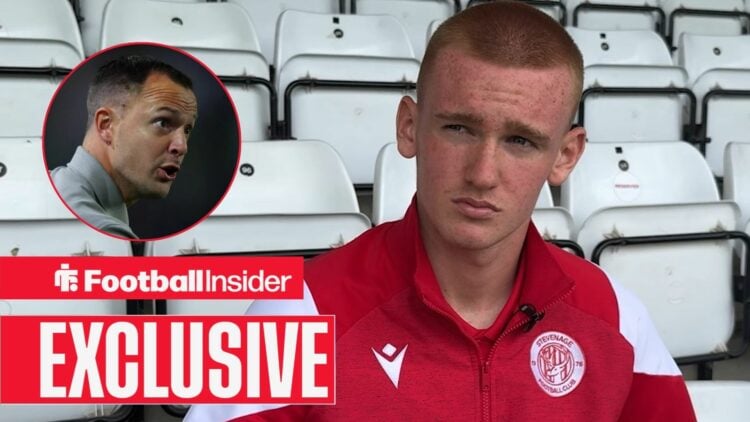 Ryan Doherty during an interview with Stevenage, with Chris Davies in a circular inset