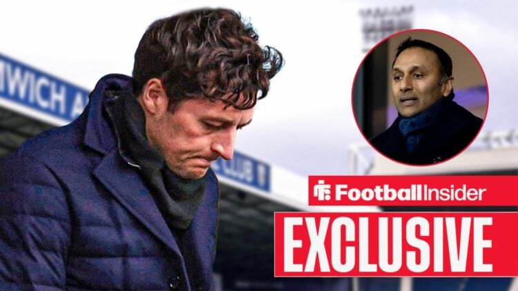 Football Insider exclusive as West Brom manager Ryan Mason stares at the floor while chairman Shilen Patel watches on from a circular inset.