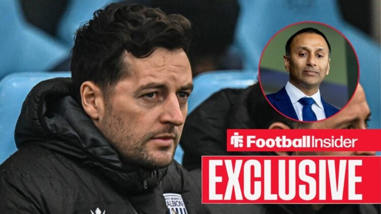 Football Insider exclusive as West Brom manager Ryan Mason stares nervously towards chairman Shilen Patel, who glances at the ground in a circular ...
