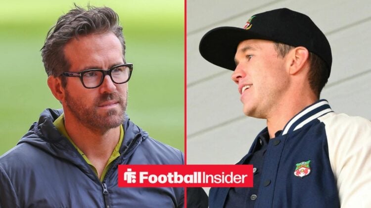 Ryan Reynolds at the Racecourse Ground alongside Rob Mac wearing a Wrexham jacket