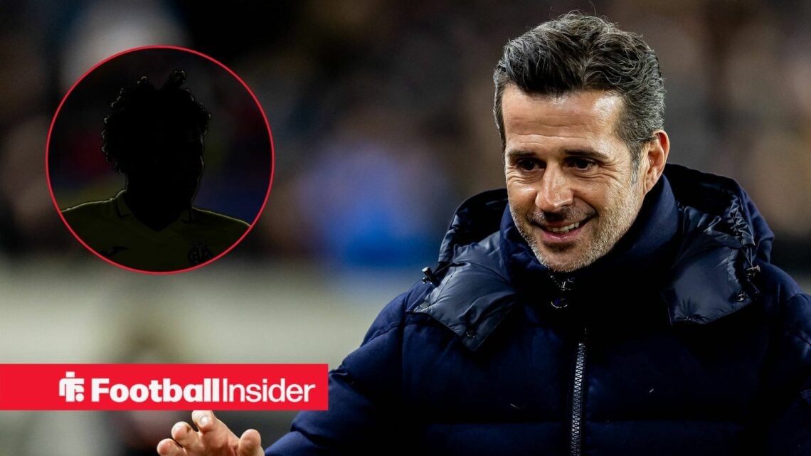 Samuel Chukwueze's silhouette on the left with Marco Silva smiling on the right for Fulham