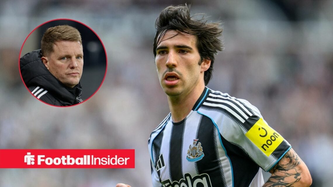 Sandro Tonali in action during a game for Newcastle, as manager Eddie Howe looks concerned in a circular inset.